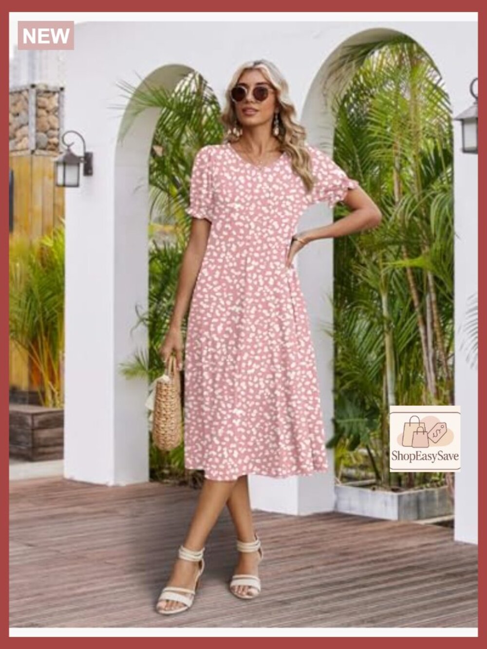 Pleated Midi Dress Puff Sleeve Flowy Casual Sundress with Pockets Elegant Chic - Picture 4 of 7